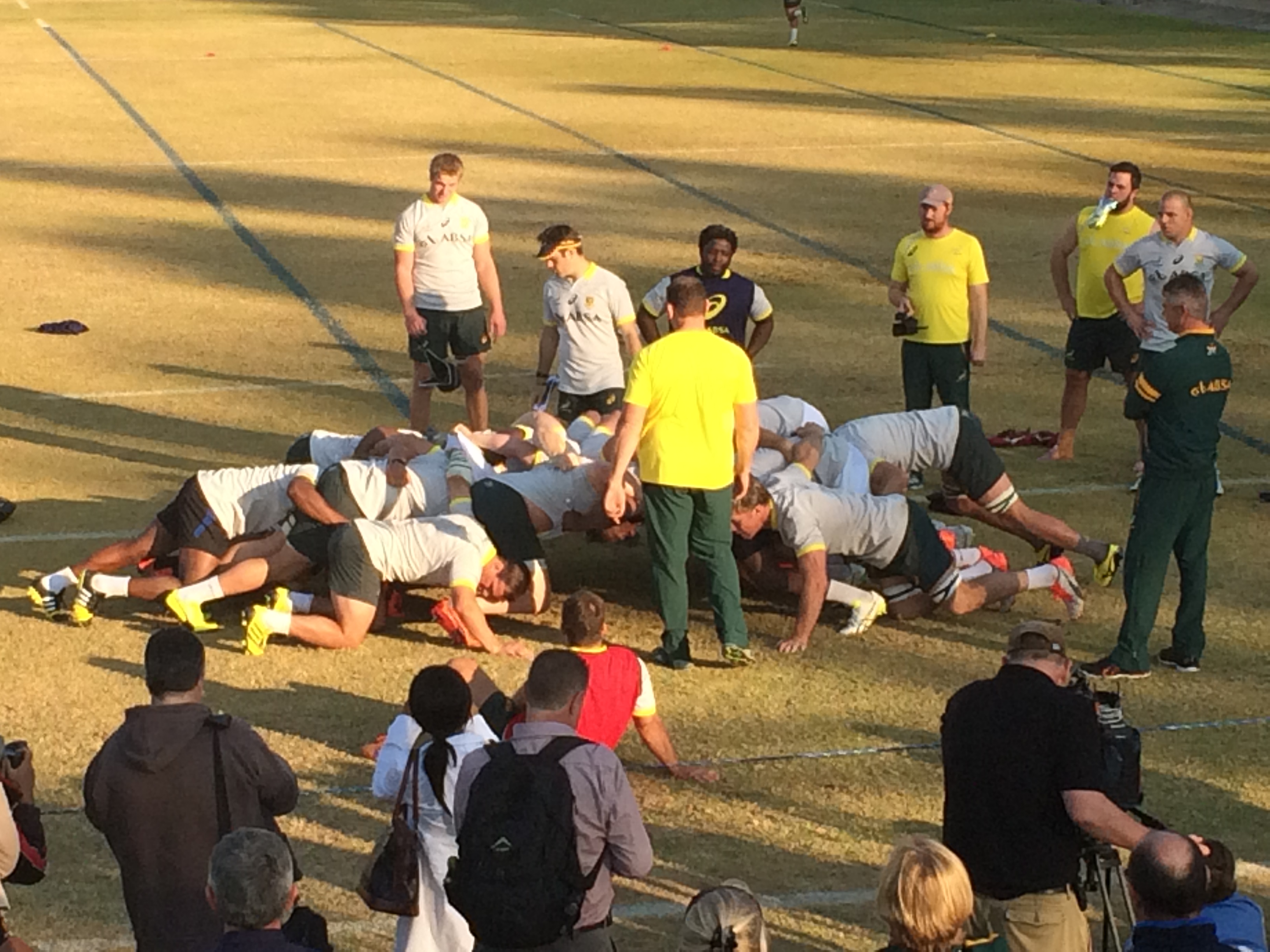 The Springboks forwards taking part in a scrum drill. 
