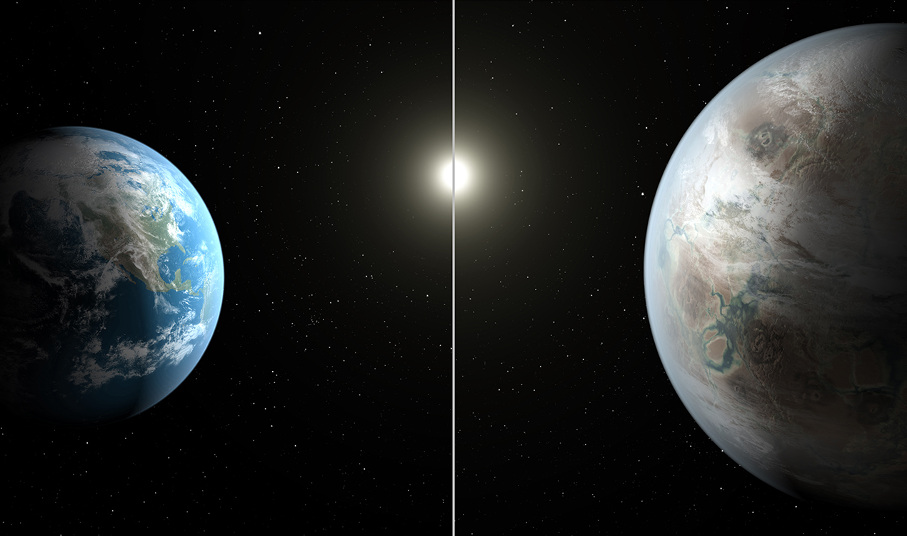 Artist's concept compares Earth (left) to the new planet, called Kepler-452b (NASA)