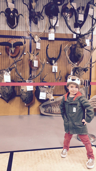 A young visitor poses with trophy heads in Te Papa’s Tory Street storehouse (Te Papa)