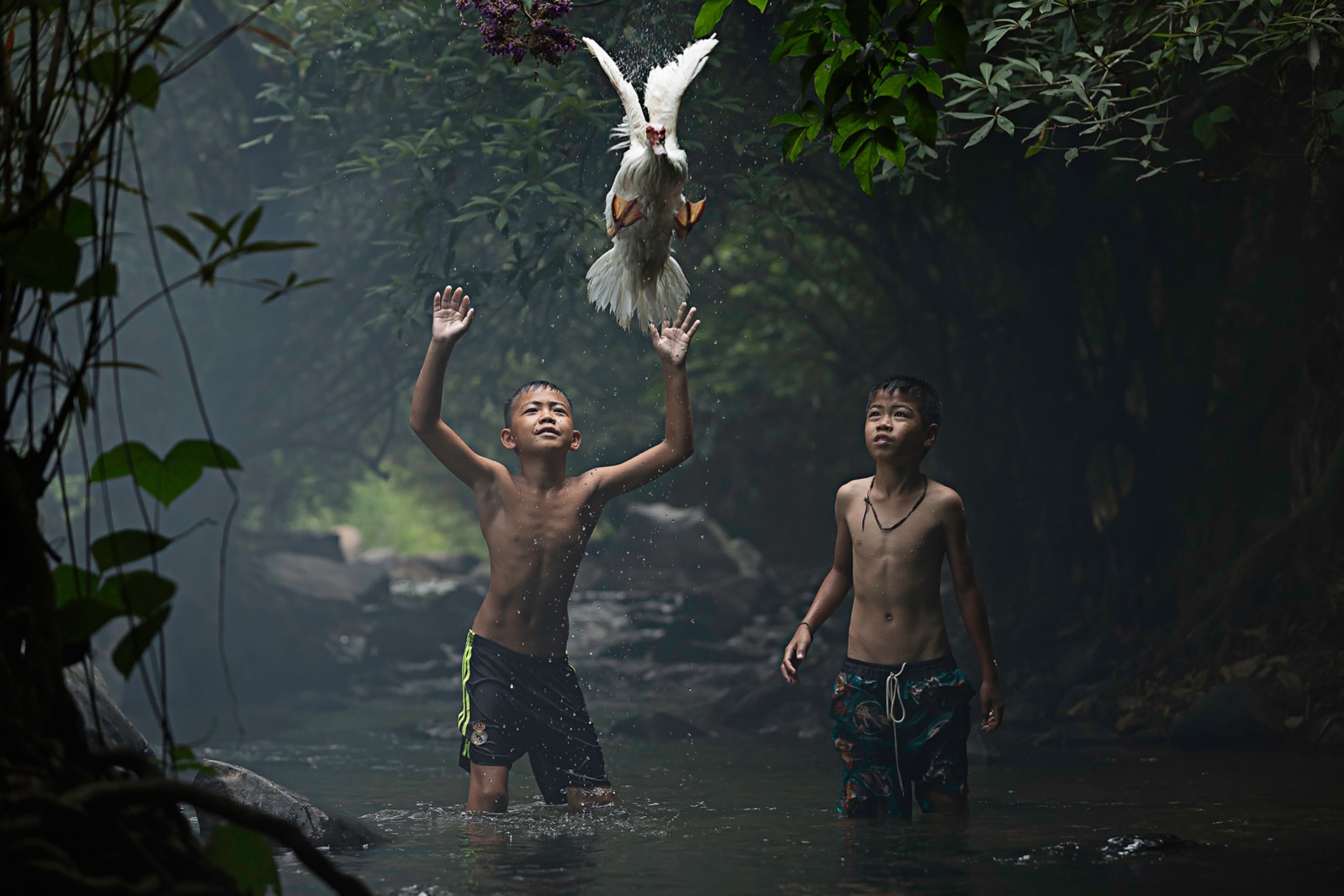 Two boys trying to catch a duck at the stream of the waterfall in Nong Khai province, Thailand (Sarah Wouters)