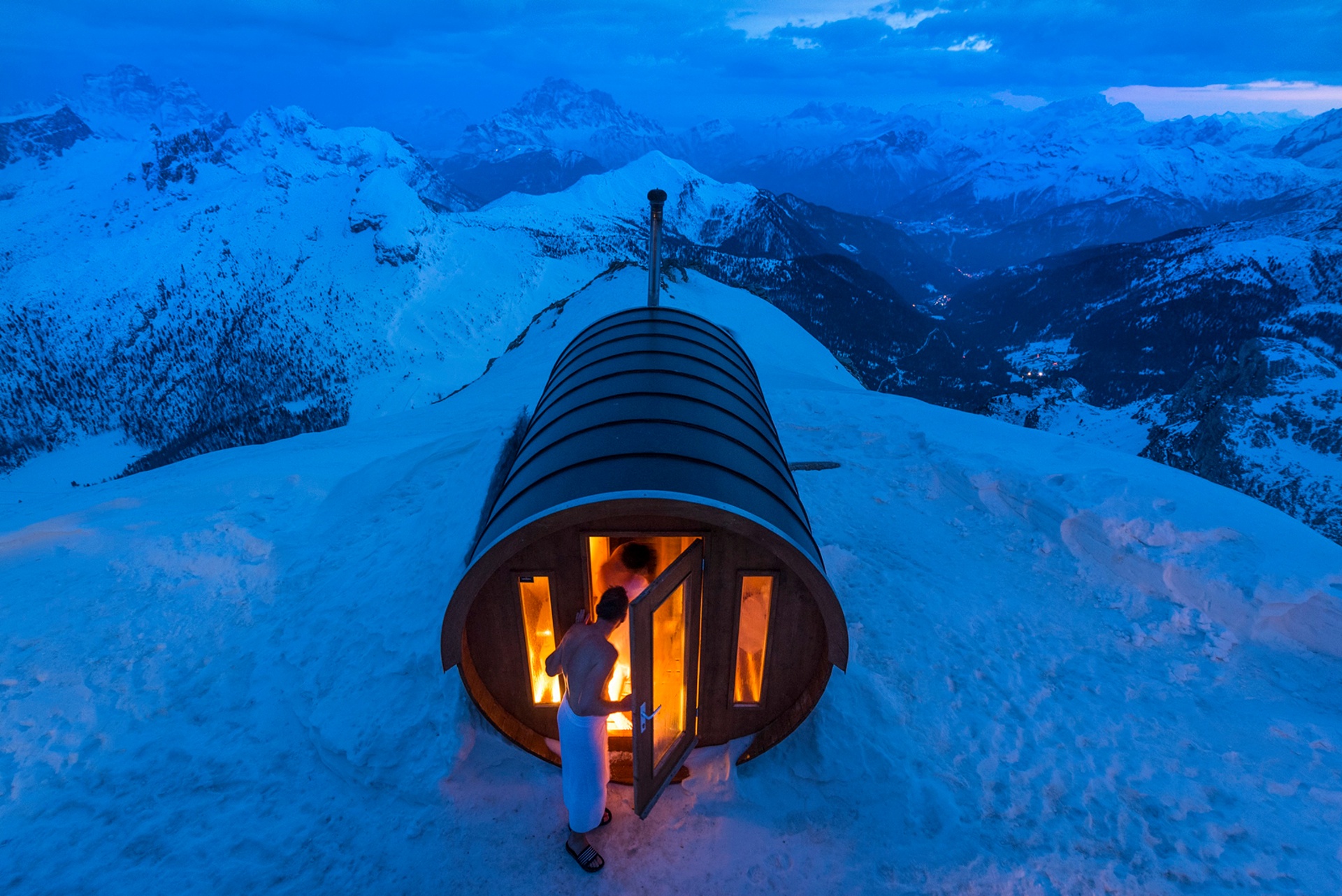 A sauna at 2,800 meters in the heart of the Dolomites at Monte Lagazuoi, Cortina, in the eastern Italian Alps (Stefano Zardini)