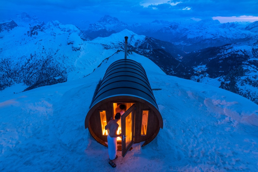 A sauna at 2,800 meters in the heart of the Dolomites at Monte Lagazuoi, Cortina, in the eastern Italian Alps (Stefano Zardini)