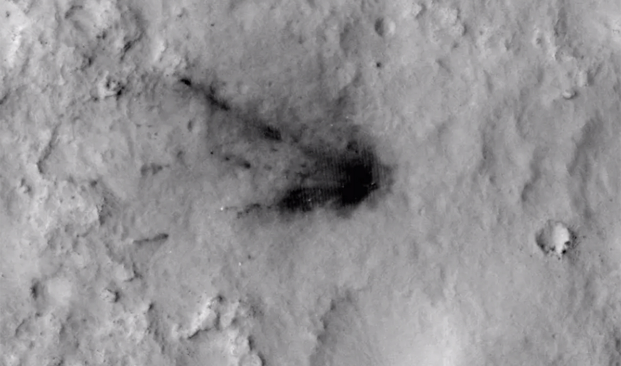 The blast zone where the sky crane from NASA's Curiosity rover mission hit the Mars surface after setting the rover down in August 2012, and how that dark scar's appearance has changed over the past three years.