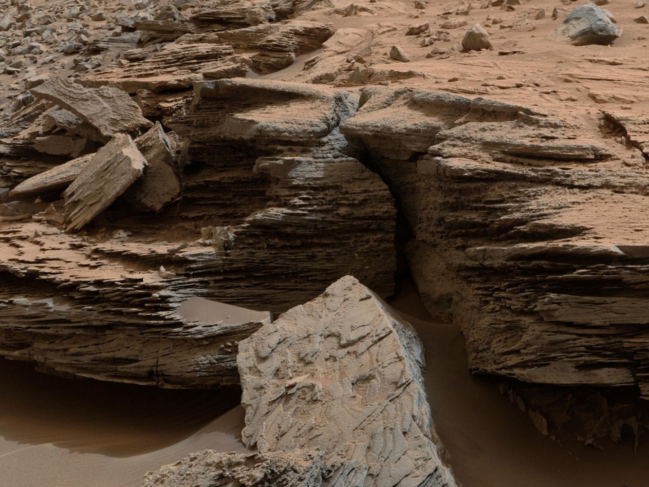 An example of cross-bedding, the result of water passing over a loose bed of sediment.