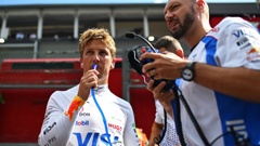 Liam Lawson and race engineer Ernesto Desiderio at the Belgian Grand Prix. Photo / Red Bull