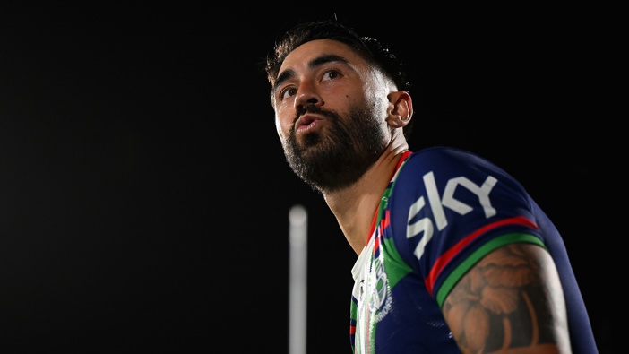 Shaun Johnson of the Warriors talks to fans during the round one NRL match between New Zealand Warriors and Cronulla Sharks at Go Media Stadium Mt Smart, on March 08, 2024, in Auckland, New Zealand. (Photo by Hannah Peters/Getty Images)