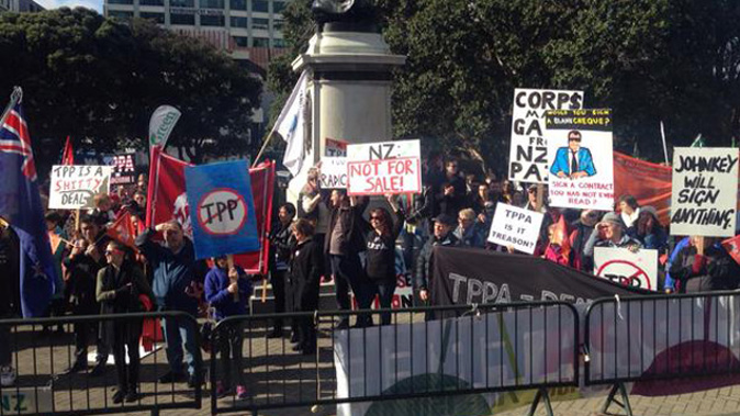 TPP protest held on August 12 2015 outside parliament (Photo / Frances Cook)