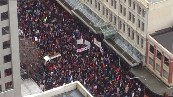 Huge crowds marching through Britomart in Auckland (Piers Francis)