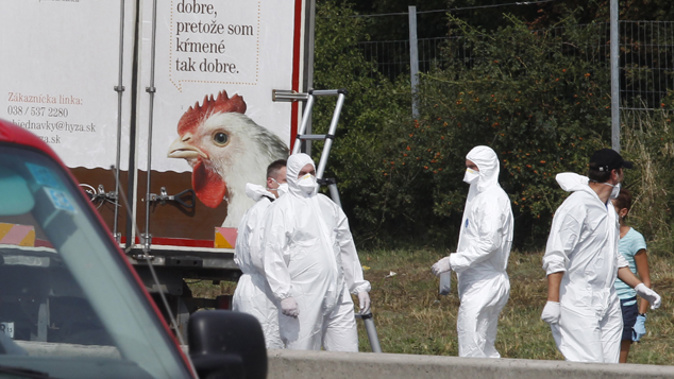 Forensic officers examining the truck containing the bodies of migrants (Getty Images) 