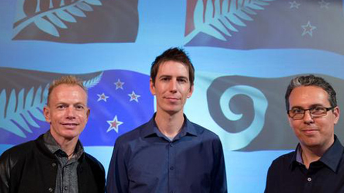 The designers of the shortlisted flags, with their designs. (NZ Herald)