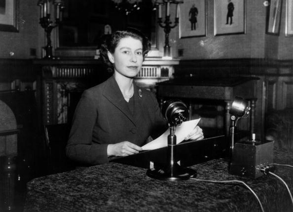 25th December 1952: Queen Elizabeth II making her first ever Christmas broadcast to the nation from Sandringham House