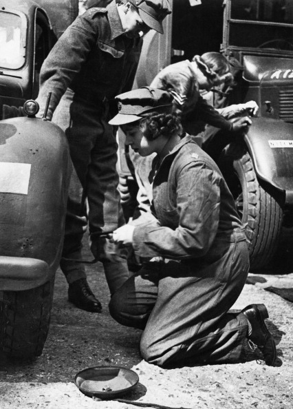Princess Elizabeth trains as an ATS mechanic at a training centre in southern England, April 1945