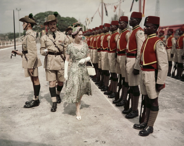 Queen Elizabeth II inspects men of the newly-renamed Queen's Own Nigeria Regiment, 1956