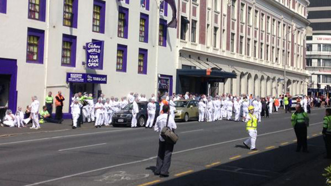 Evacuated staff outside the Cadbury factory in Dunedin (Adam Walker)