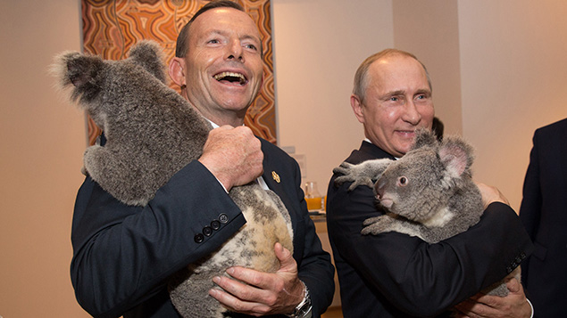 Tony Abbott and Vladimir Putin cuddle koalas before the first G20 meeting (Getty Images)