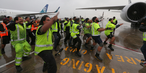Air New Zealand ground crew perform a haka for the arrival. 