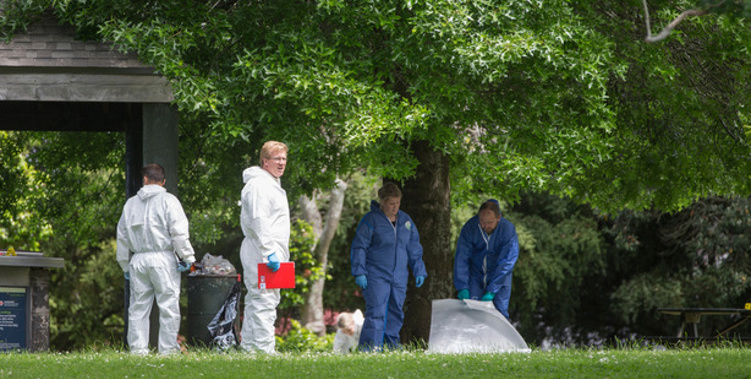 Police and ESR look over Outhwaite Park after a homeless man was killed in an attack (NZH Greg Bowker).