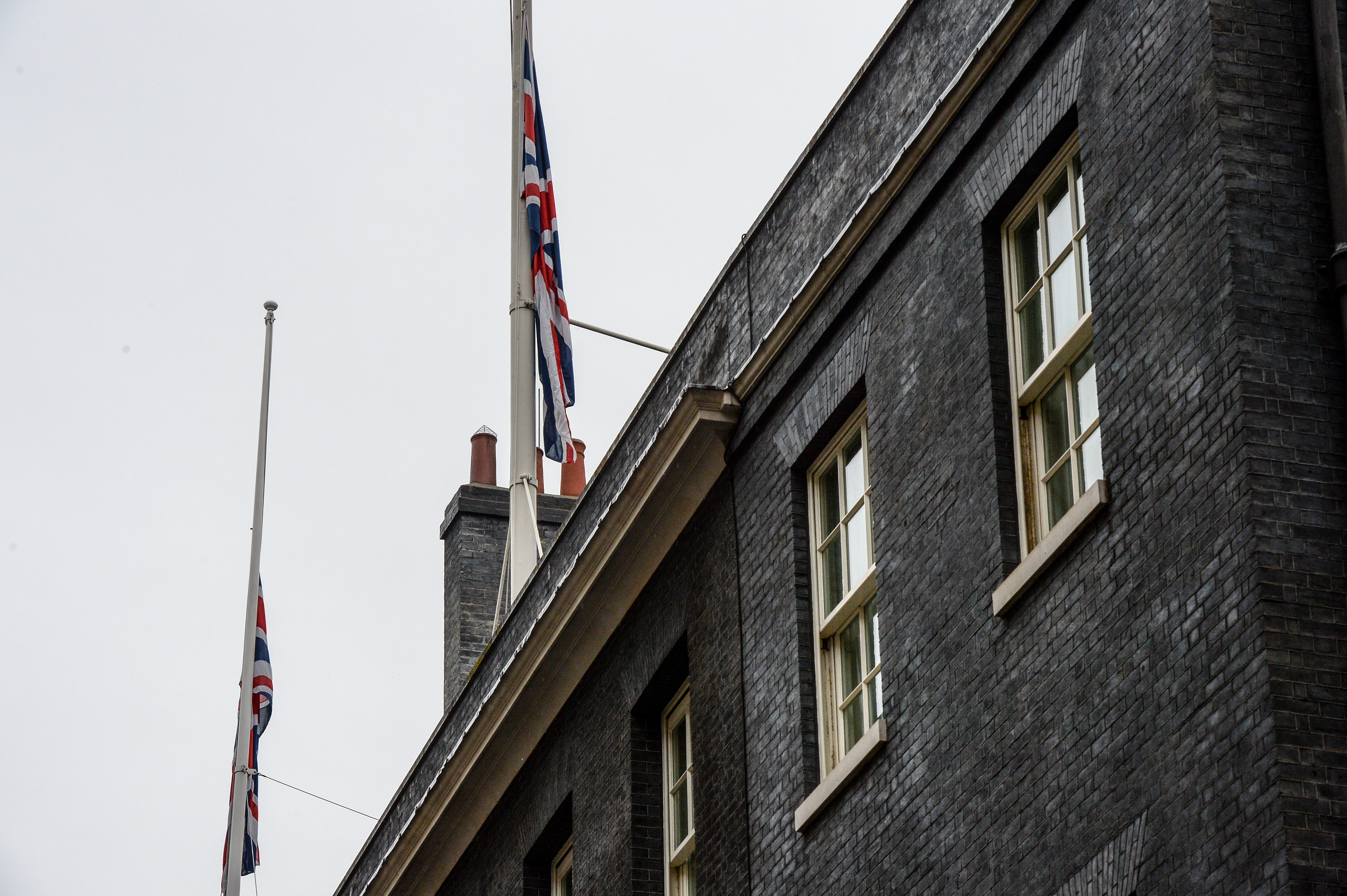 Flags at half mast at 10 Downing Street, London.