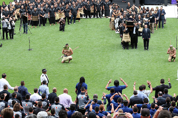 Current and former All Blacks, Blues and Warriors players perfom a haka
