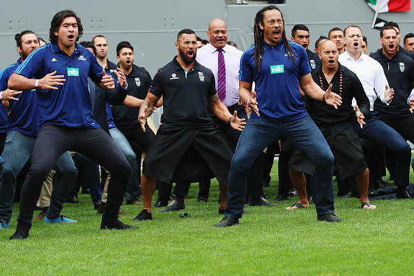 Former and current rugby and rugby league players, Steven Luatua, Ruben Wiki and Tana Umaga perform a haka