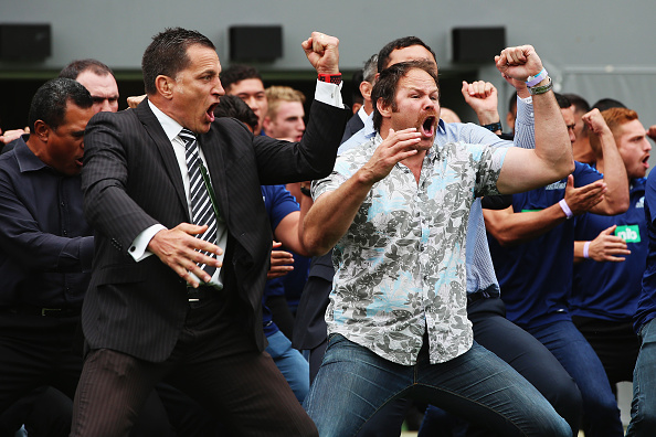 Former All Blacks Dallas Seymour and Josh Kronfeld perform a haka