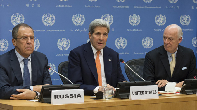  Rusia's Minister for Foreign Affairs Sergey Lavrov, US Secretary of State John Kerry and Special Envoy of the Secretary-General for Syria Staffan de Mistura. (Getty images)