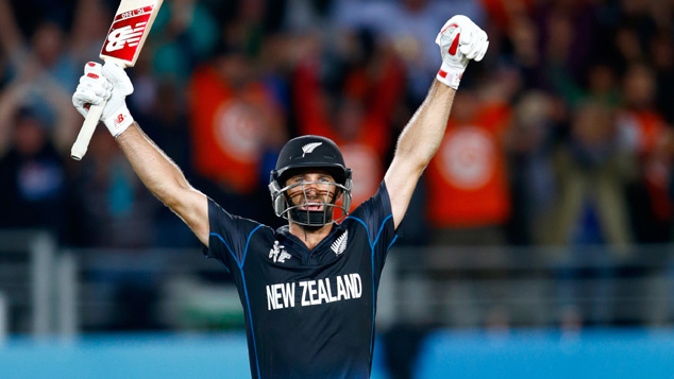 Grant Elliott celebrates the 6 that took the Black Caps to the Cricket World Cup final (Getty Images) 