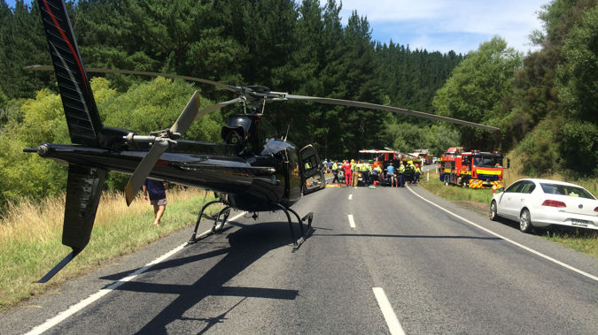 The Lowe Corporation Rescue Helicopter at the scene of the accident on State Highway 5, near Eskdale (Supplied).