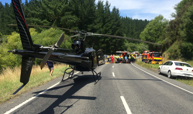 The Lowe Corporation Rescue Helicopter at the scene of the accident on State Highway 5, near Eskdale (Supplied).