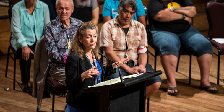 Lori Wallach addresses the audience at the anti-TPP town hall meeting (NZ Herald/Michael Craig)