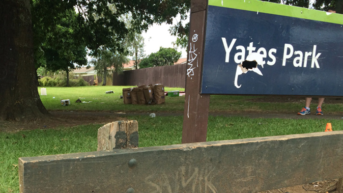 A bullet hole in the Yates Reserve sign after the shooting (Alicia Burrow)