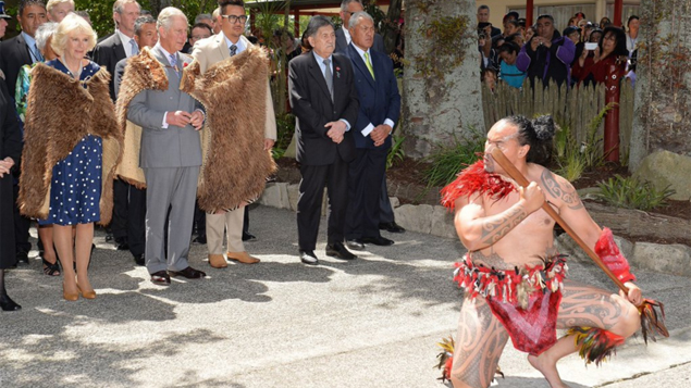 Prince Charles and Duchess Camilla at a powhiri (Twitter)