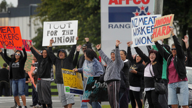 File photo of a Meat Workers Union protest against AFFCO (NZ Herald)