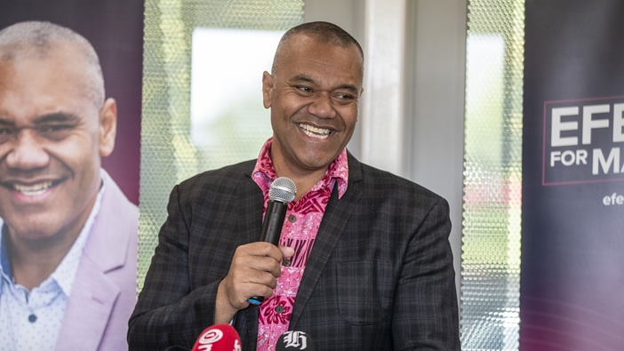The late Efeso Collins addresses supporters, volunteers, campaign staff, and media after losing the Auckland mayoral election to Wayne Brown. Photo / Michael Craig