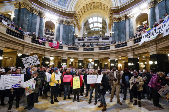 Protesters are seen in the Wisconsin Capitol Rotunda during a march supporting overturning Wisconsin's near total ban on abortion Sunday, Jan. 22, 2023, in Madison, Wis. Photo / AP