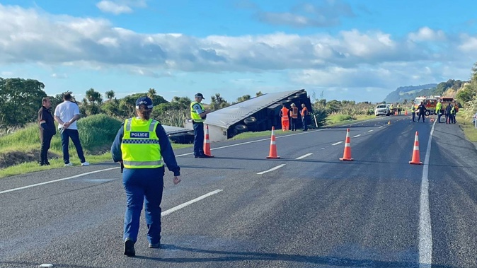 Scene of the crash involving a truck on State Highway 2 at Pikowai this morning. Photo / Mead Norton