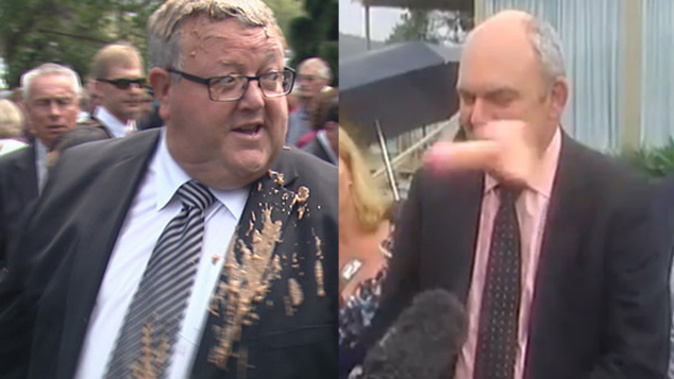Steven Joyce was hit with a dildo, then Gerry Brownlee had muck dumped on him, as protest tactics changed to attack personalities rather than policies. (NZME)