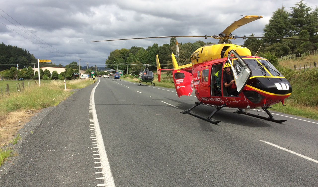 Westpac Waikato Helicopter, Taupo's Greenlea Rescue Helicopter and Rotorua's Baytrust Rescue Helicopter all in attendance on SH3 in Te Kuiti (Supplied).