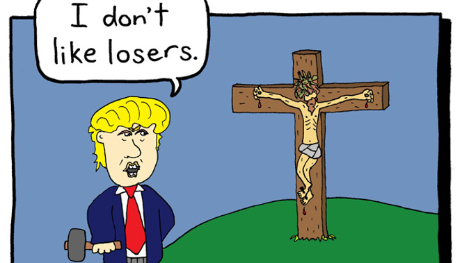 Saint Luke's church in Remuera has erected its billboard with a cartoon of Trump declaring Jesus Christ as a loser. (Supplied) 