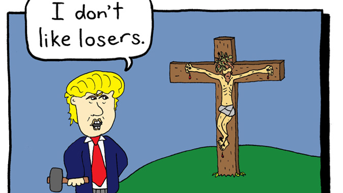 Saint Luke's church in Remuera has erected its billboard with a cartoon of Trump declaring Jesus Christ as a loser. (Supplied)