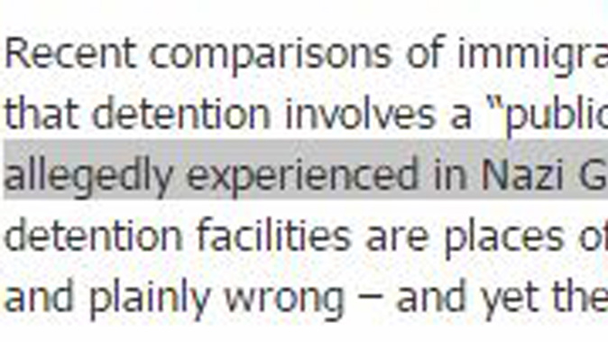 The release from The Australian Department of Immigration and Border Protection using the word "allegedly" when describing Holocaust experiences (Supplied).