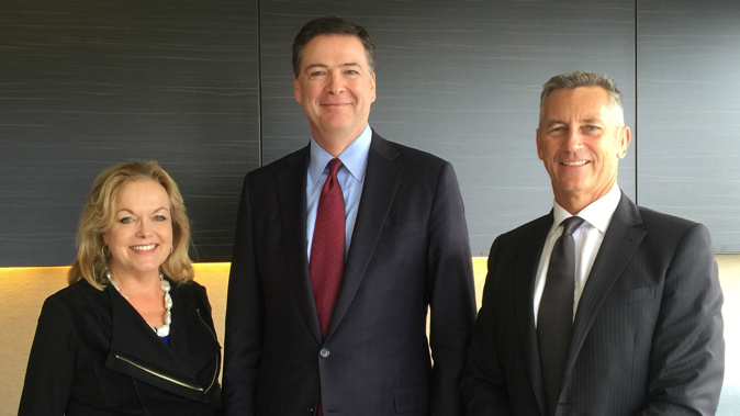 Director Comey with Minister Judith Collins and Police Commissioner Mike Bush. Photo / Supplied