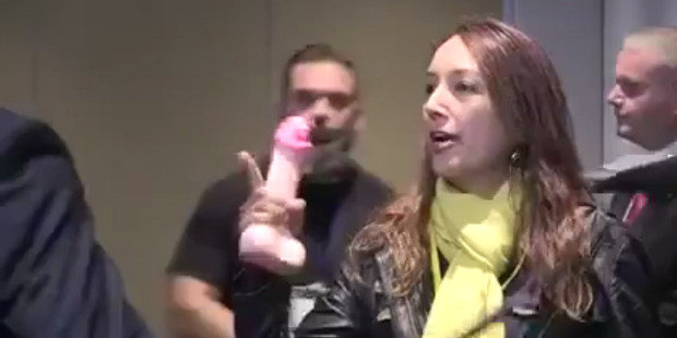 Josie Butler brought a sex toy to the Christchurch TPPA roadshow yesterday (Youtube).