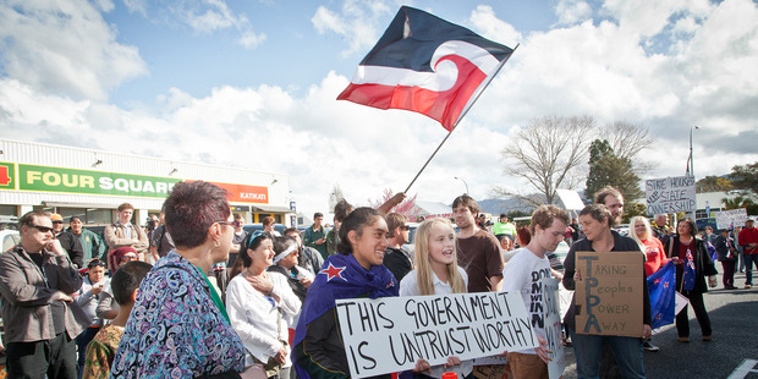 A TPP Protest at the Katikati War Memorial Hall. Photo / NZ Herald