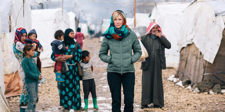 Rachel Smalley in a refugee camp in Bekaa Valley, Lebanon. Photo / Jo Currie / World Vision