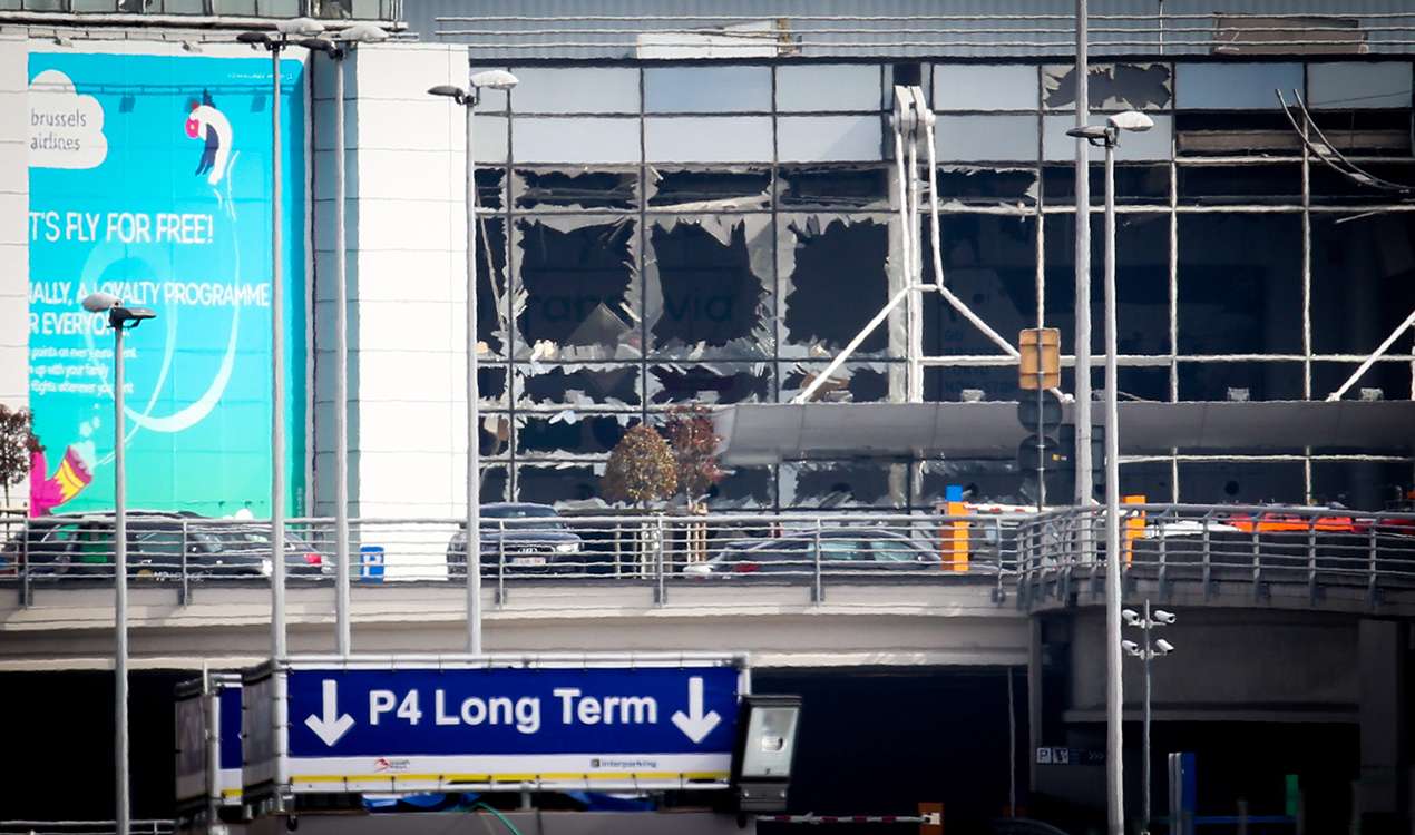 Shattered windows at Brussels Airport after the attacks (Getty Images)