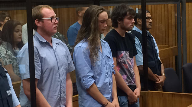 In the dock from left Daniel Gavin, Samuel Hawkins and Jayson Campbell. Photo / Josh Price