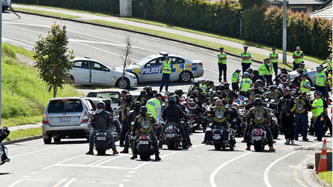 A large group of motorcyclists stopped by police in Bethlehem (Photo/Andrew Warner)