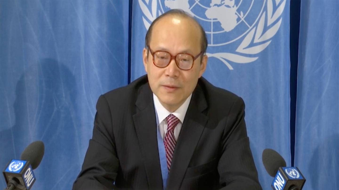 Chen Xu, China's ambassador in Geneva, makes a media statement criticising the US for attacking China's candidate to head a UN agency that tracks intellectual property. Photo / AP