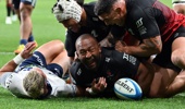 George Bower of the Crusaders celebrates scoring a try during the round 13 Super Rugby match between Crusaders and Blues at One NZ Stadium, on May 08, 2026, in Christchurch, New Zealand. (Photo by Kai Schwoerer/Getty Images)
